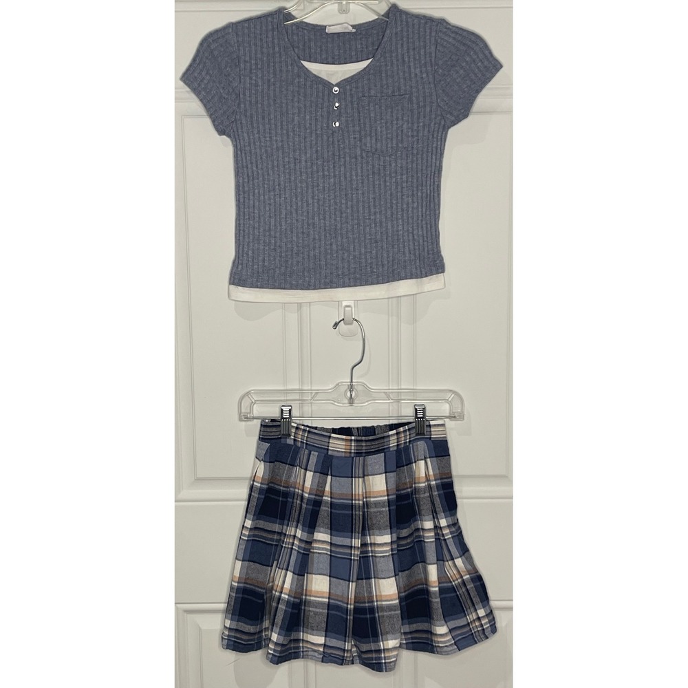 Knit Works Girls Size 10/12 Blue Ribbed Henley Top and Plaid Pleated Skort Set